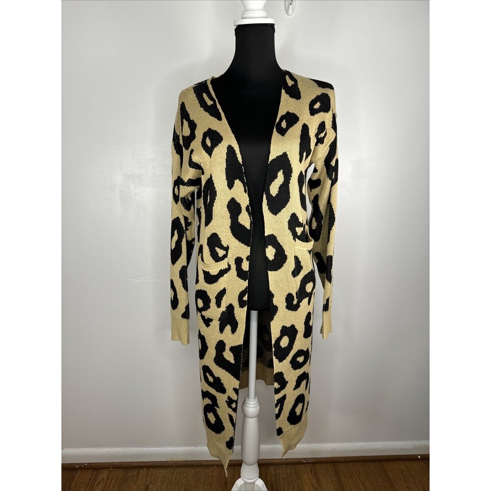 Vestidos Tan Black Leopard Cardigan Womens Sz S Duster Sweater Animal Print